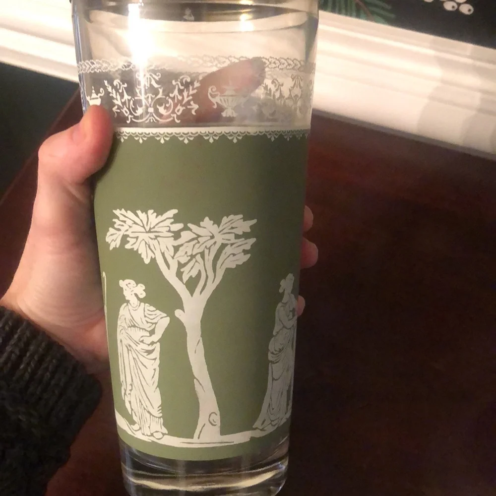 Vintage Sage Green & Gold Greek Scene Glass Cocktail Shaker